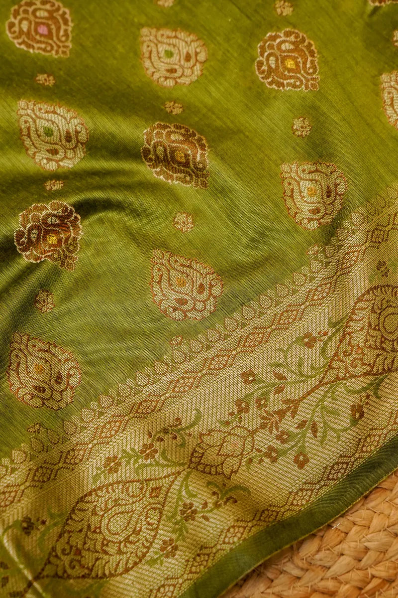 COTTON SILK CHEEKU WITH MEHENDI GREEN COLOR UNSTITCHED SUIT MATERIAL