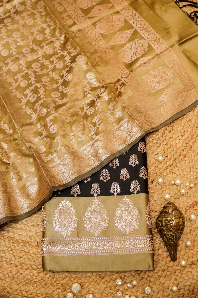 BANARASI SILK BLACK WITH OLIVE GREEN COLOR UNSTITCHED SUIT MATERIAL