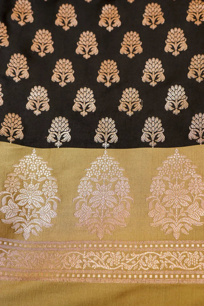 BANARASI SILK BLACK WITH OLIVE GREEN COLOR UNSTITCHED SUIT MATERIAL