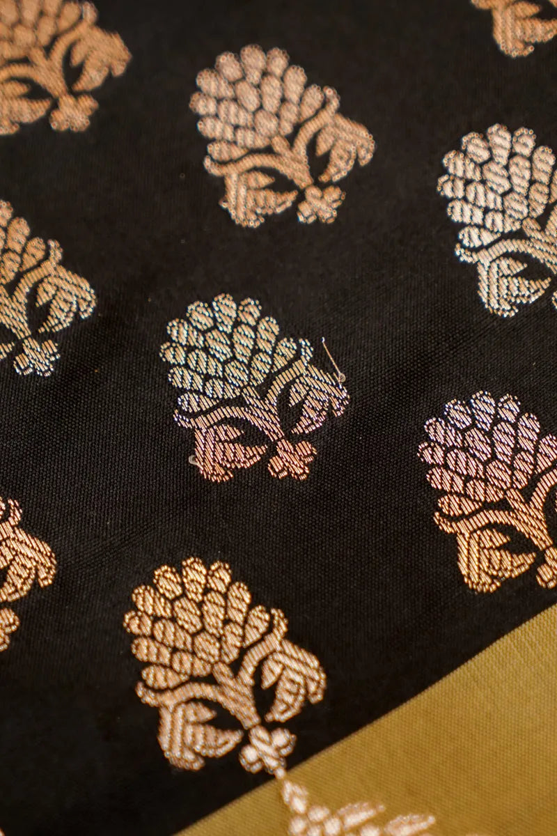 BANARASI SILK BLACK WITH OLIVE GREEN COLOR UNSTITCHED SUIT MATERIAL