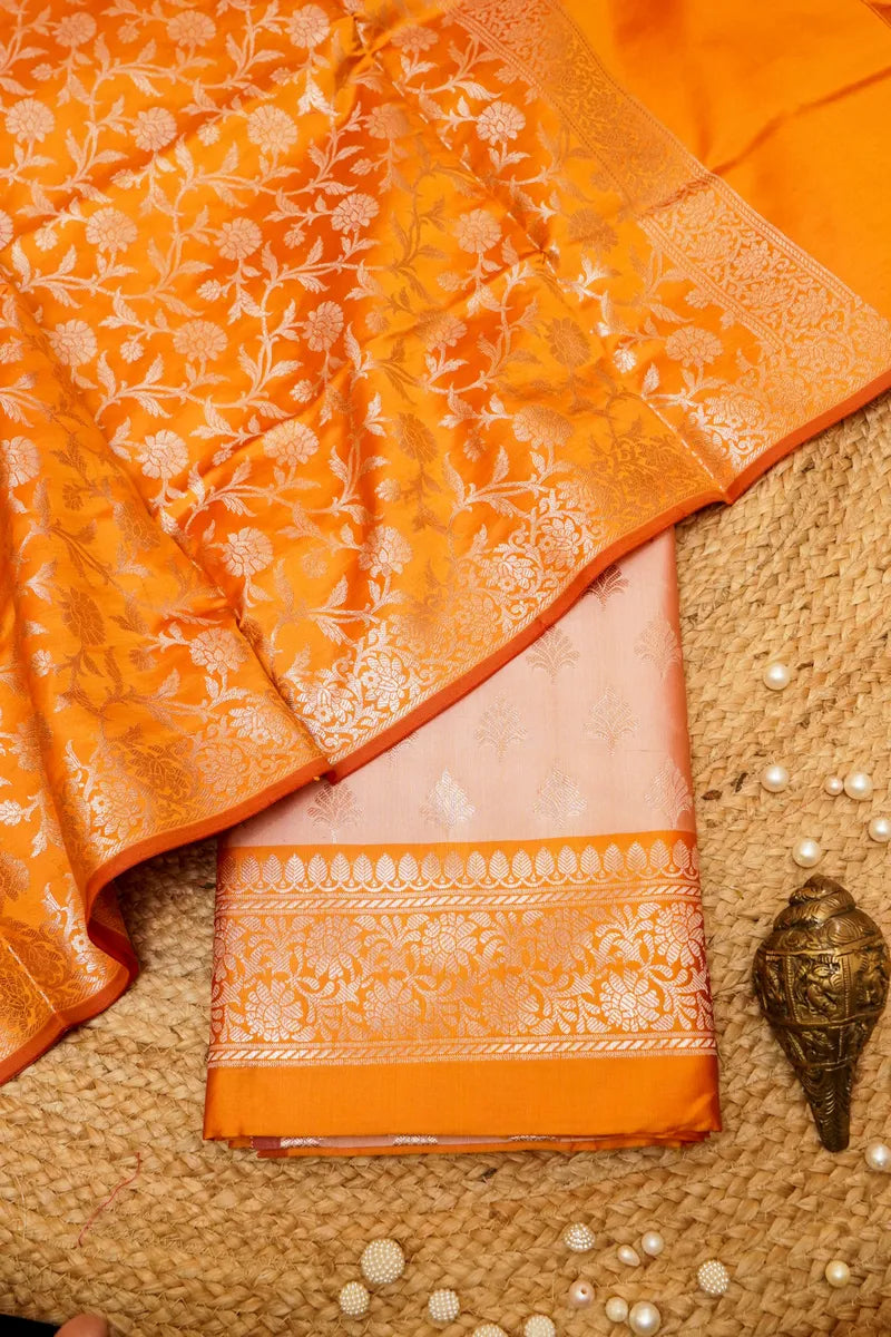 BANARASI SILK PONDS PINK WITH ORANGE COLOR UNSTITCHED SUIT MATERIAL