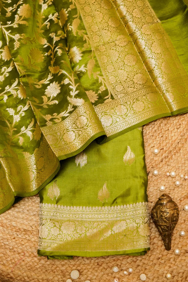 KATAN SILK PARROT GREEN COLOR UNSTITCHED SUIT MATERIAL