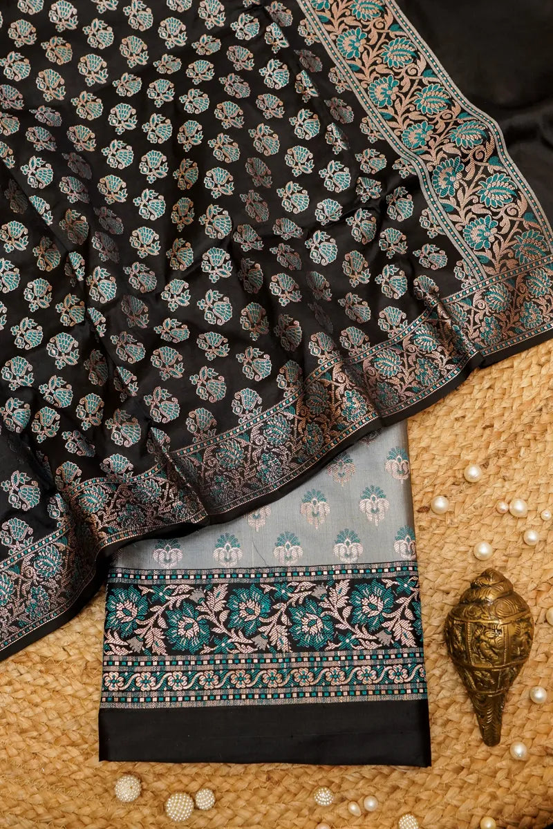 BANARASI SILK GREY WITH BLACK  COLOR UNSTITCHED SUIT MATERIAL