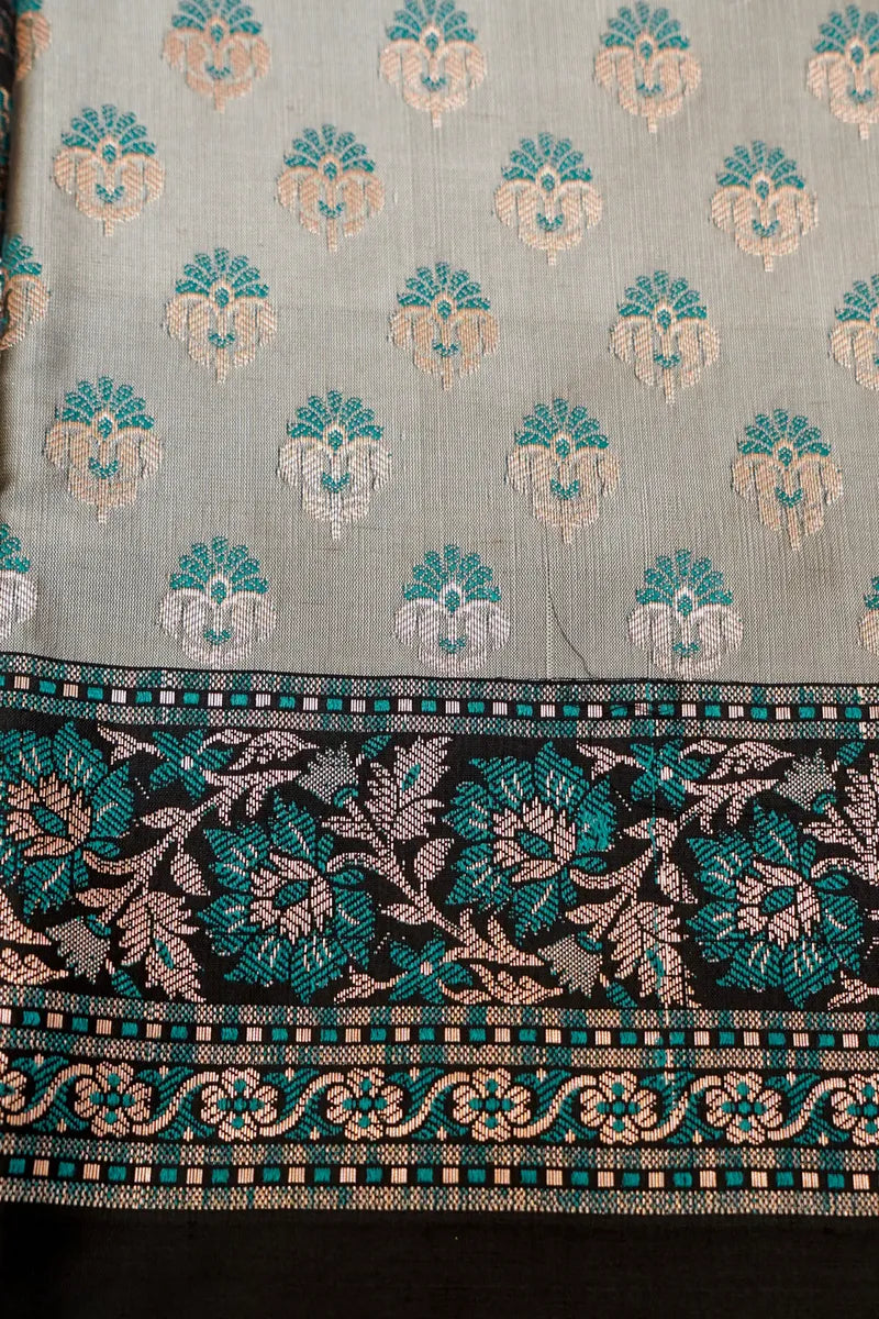 BANARASI SILK GREY WITH BLACK  COLOR UNSTITCHED SUIT MATERIAL