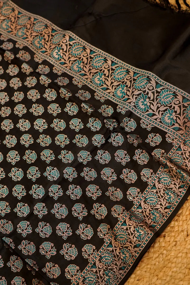 BANARASI SILK GREY WITH BLACK  COLOR UNSTITCHED SUIT MATERIAL