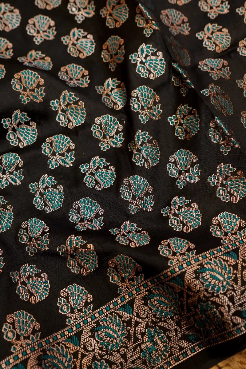 BANARASI SILK GREY WITH BLACK  COLOR UNSTITCHED SUIT MATERIAL