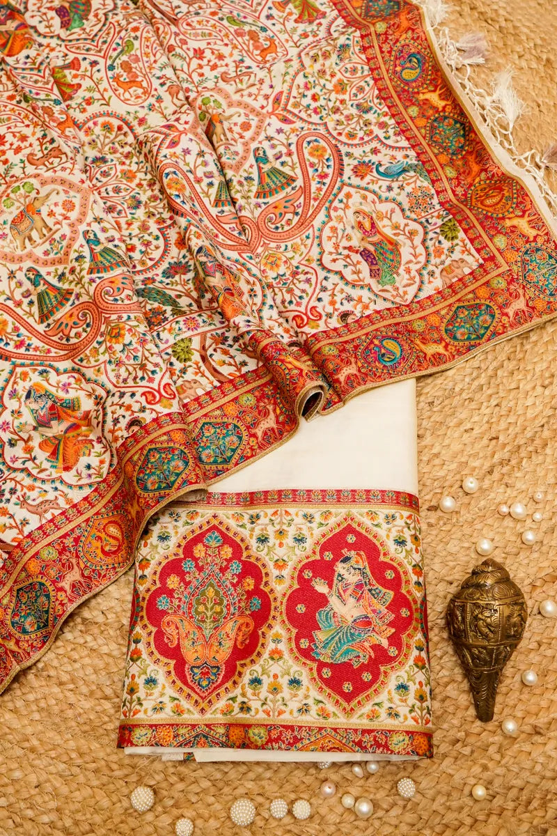 PASHMINA SILK OFF WHITE COLOR UNSTITCHED SUIT MATERIAL
