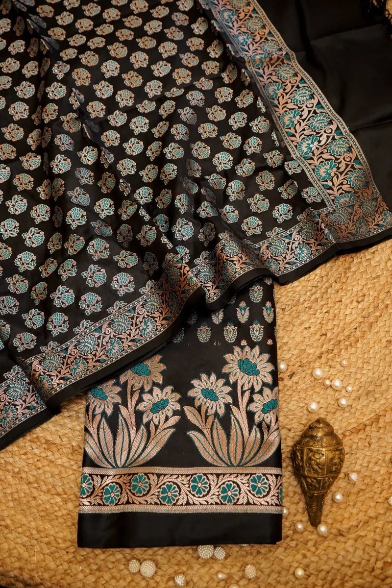 BANARASI SILK BLACK COLOR UNSTITCHED SUIT MATERIAL
