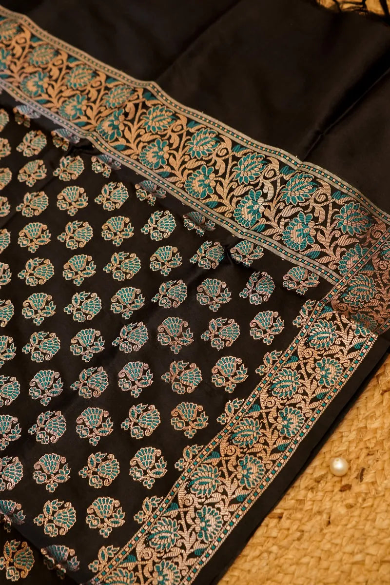 BANARASI SILK BLACK COLOR UNSTITCHED SUIT MATERIAL