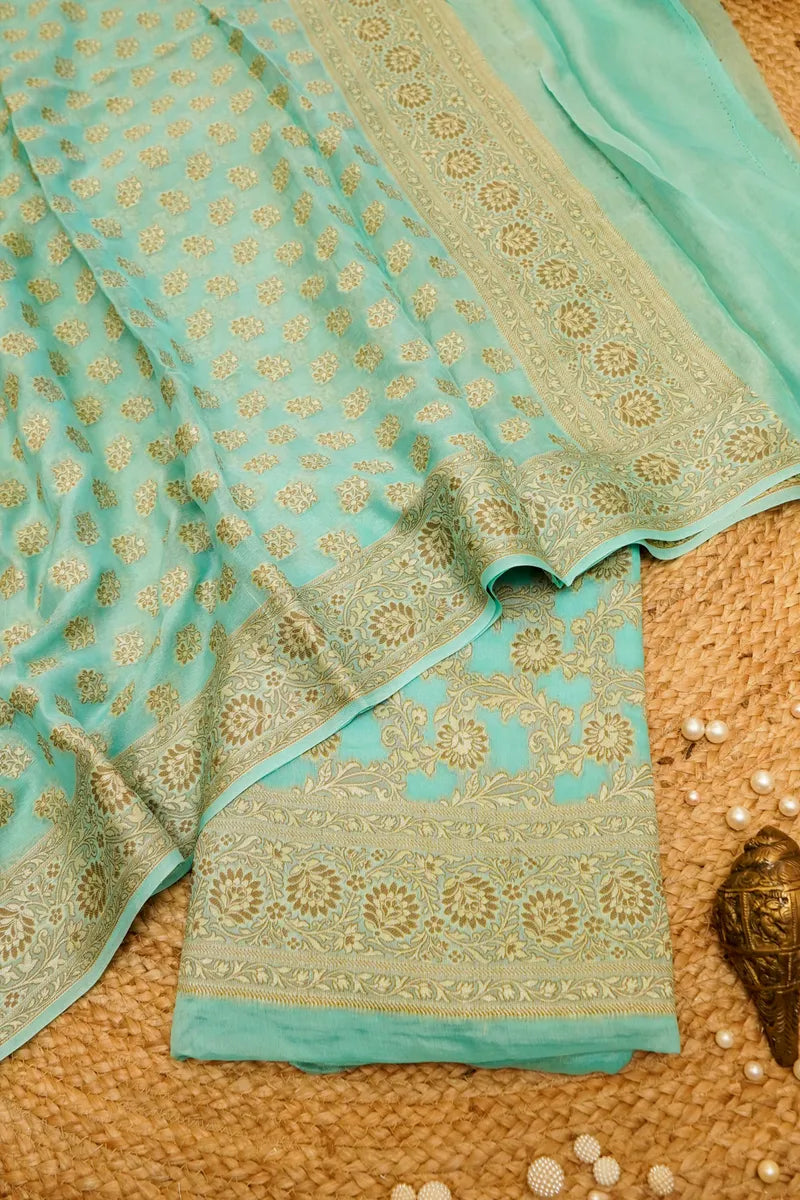 KHADDI SILK OCEAN GREEN COLOR UNSTITCHED SUIT MATERIAL