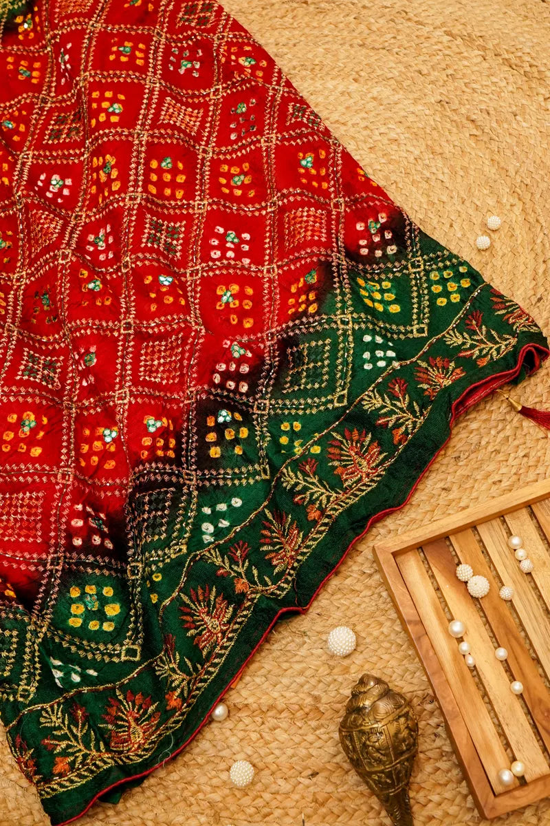 RED WITH GREEN COLOR GAJJI SILK BANDHANI SAREE