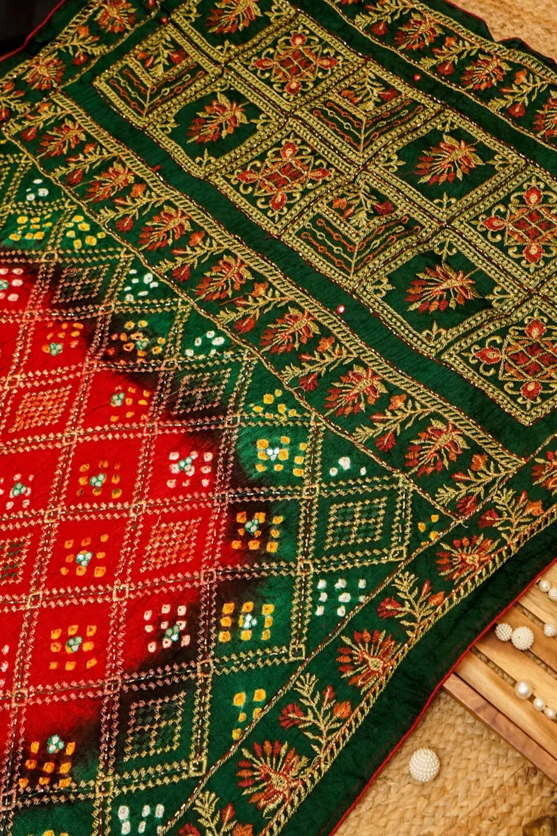 RED WITH GREEN COLOR GAJJI SILK BANDHANI SAREE