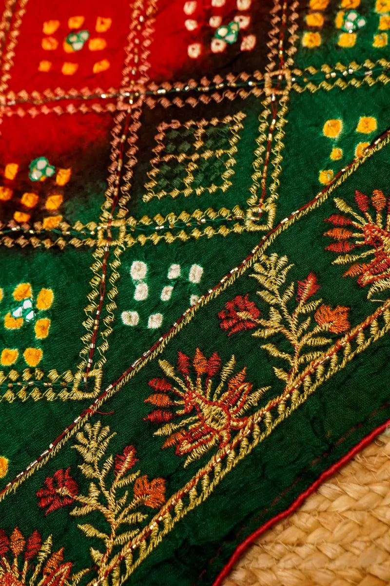 RED WITH GREEN COLOR GAJJI SILK BANDHANI SAREE