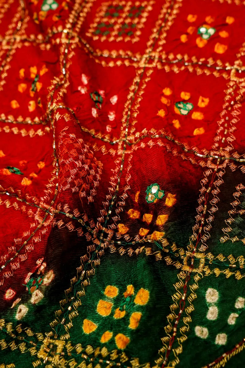 RED WITH GREEN COLOR GAJJI SILK BANDHANI SAREE