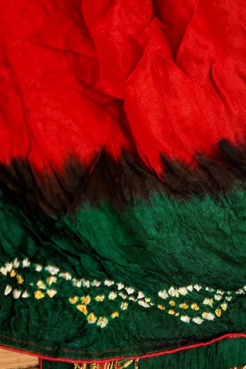 RED WITH GREEN COLOR GAJJI SILK BANDHANI SAREE