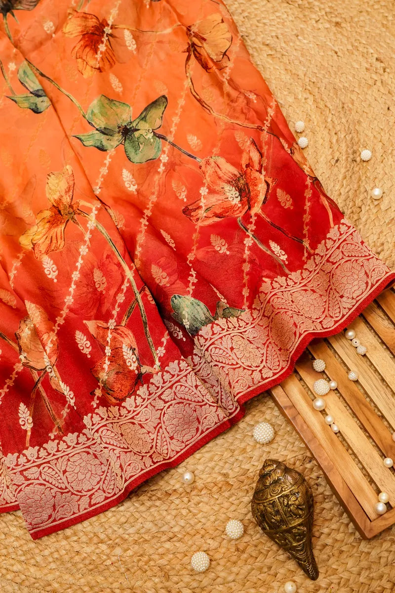 ORANGE WITH RED COLOR CREPE SILK SAREE