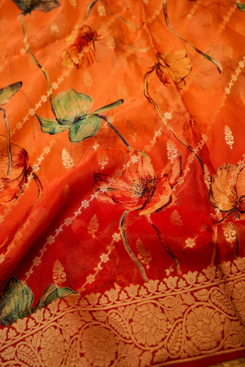 ORANGE WITH RED COLOR CREPE SILK SAREE