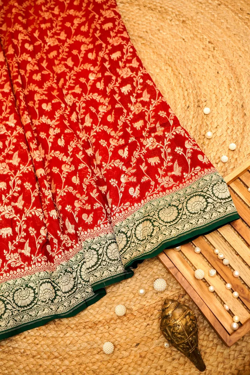 RED WITH GREEN COLOR HANDLOOM KHADDI GEORGETTE SAREE