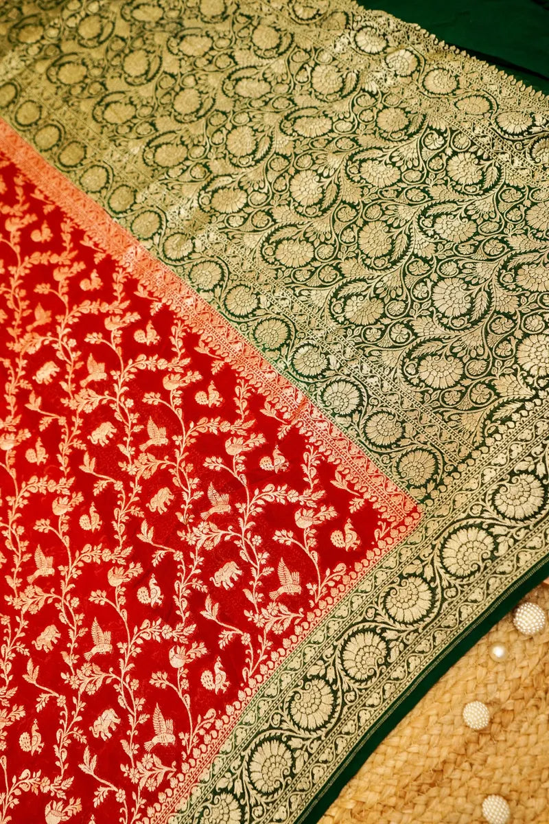 RED WITH GREEN COLOR HANDLOOM KHADDI GEORGETTE SAREE