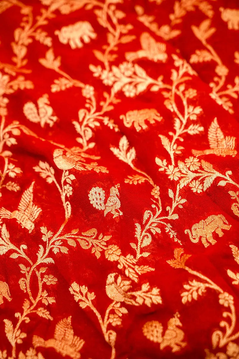 RED WITH GREEN COLOR HANDLOOM KHADDI GEORGETTE SAREE