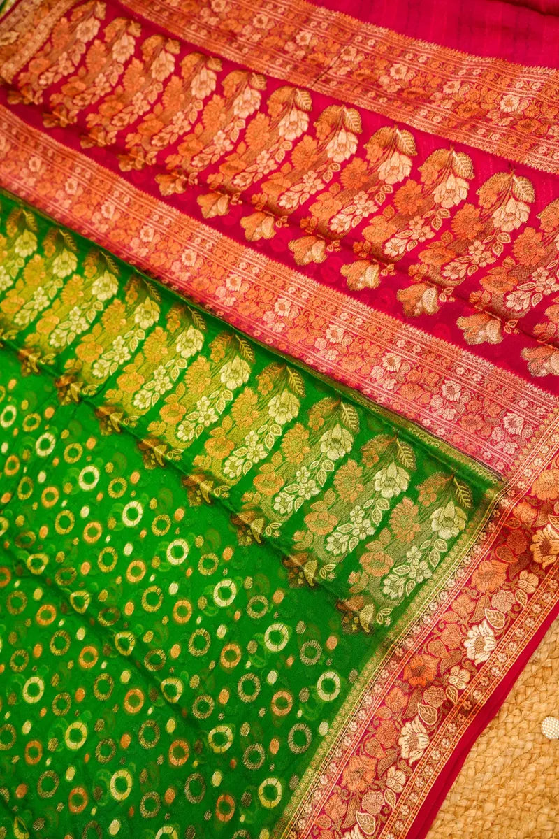 GREEN WITH PINK COLOR  KHADDI SILK SAREE