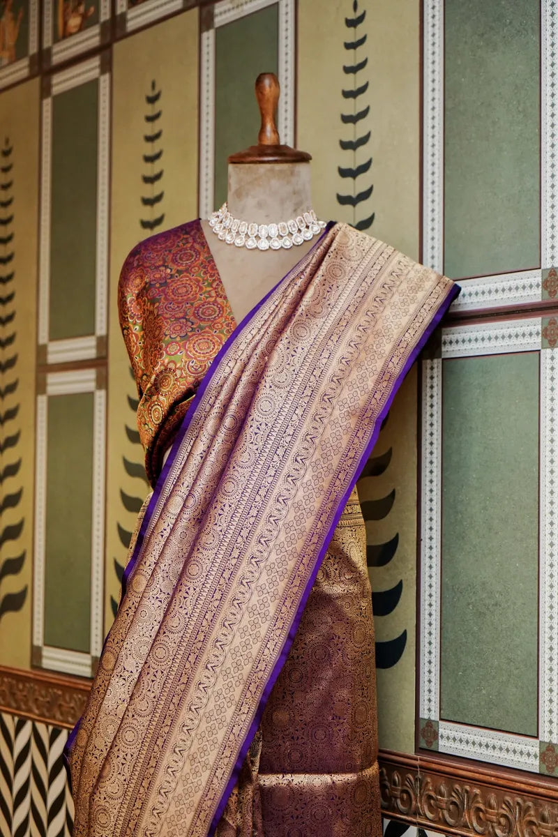 PURE BANARASI GOLDEN BLUE SINGLE KATAN SILK SAREE