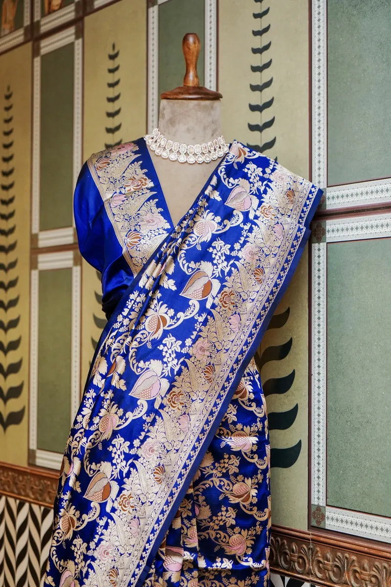 PURE BANARASI ROYAL BLUE SINGLE KATAN SILK SAREE