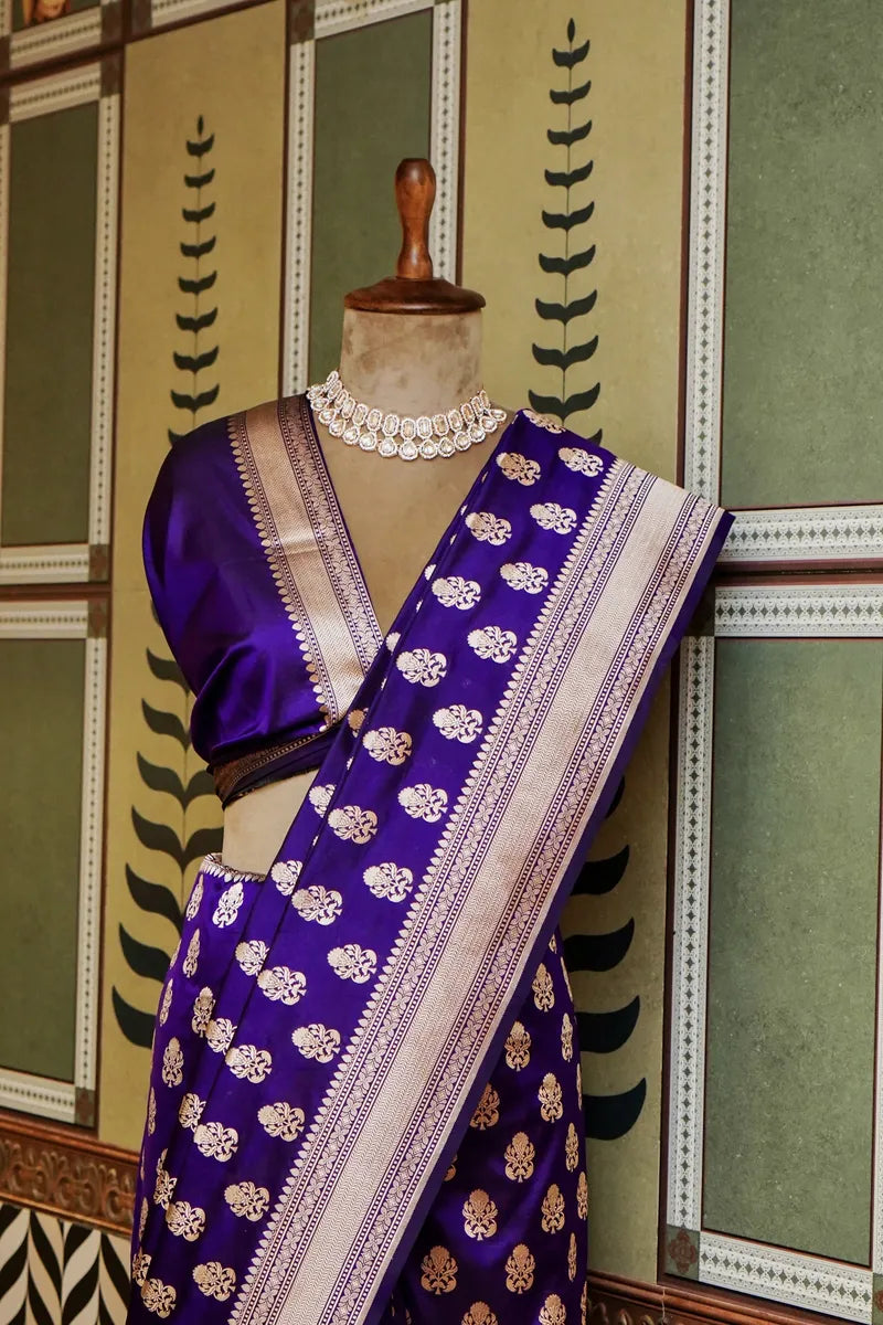 PURE BANARASI ROYAL BLUE SINGLE KATAN SILK SAREE
