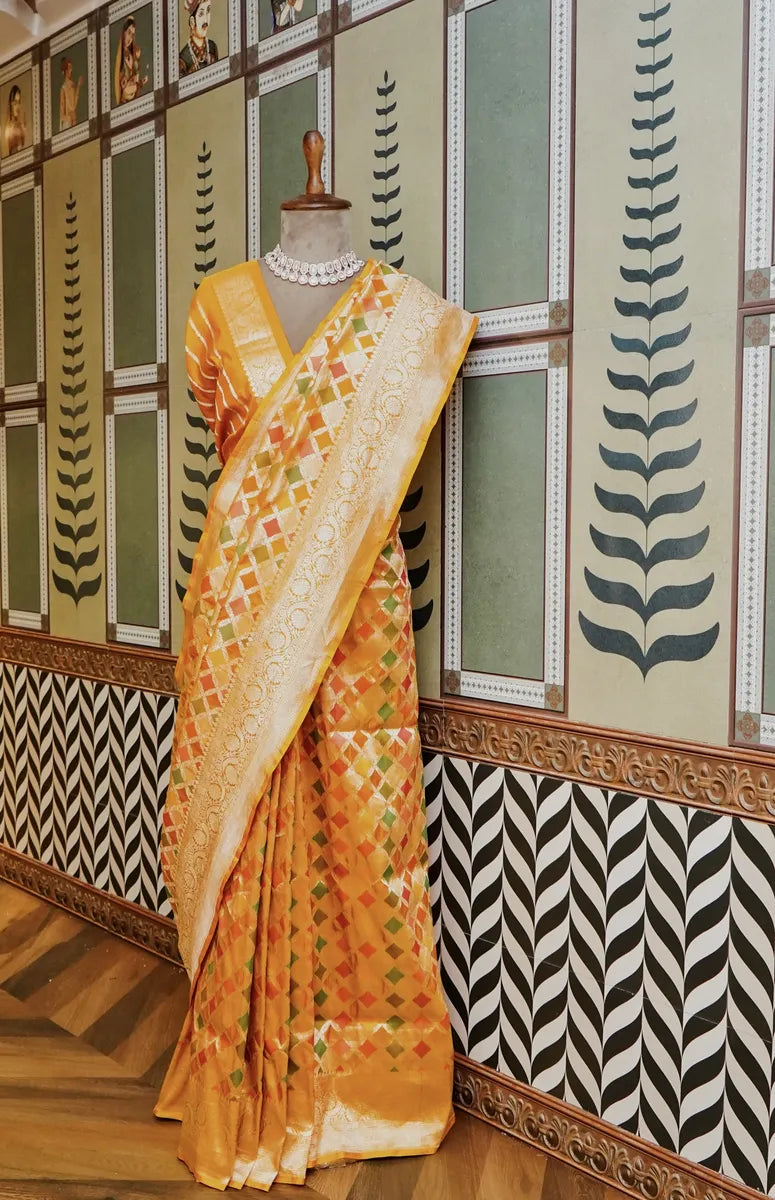 PURE BANARASI MUSTARD YELLOW SINGLE KATAN SILK SAREE