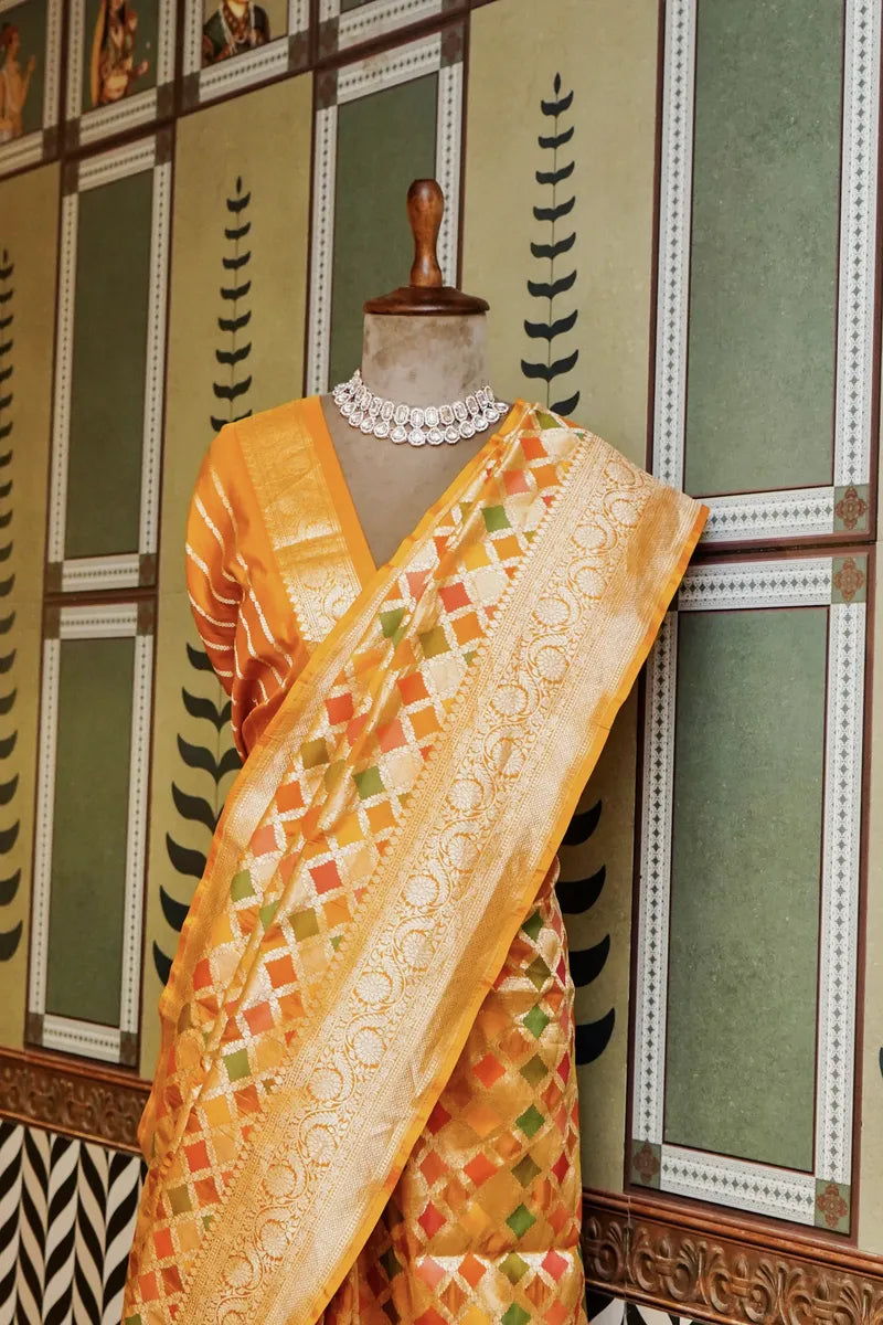 PURE BANARASI MUSTARD YELLOW SINGLE KATAN SILK SAREE