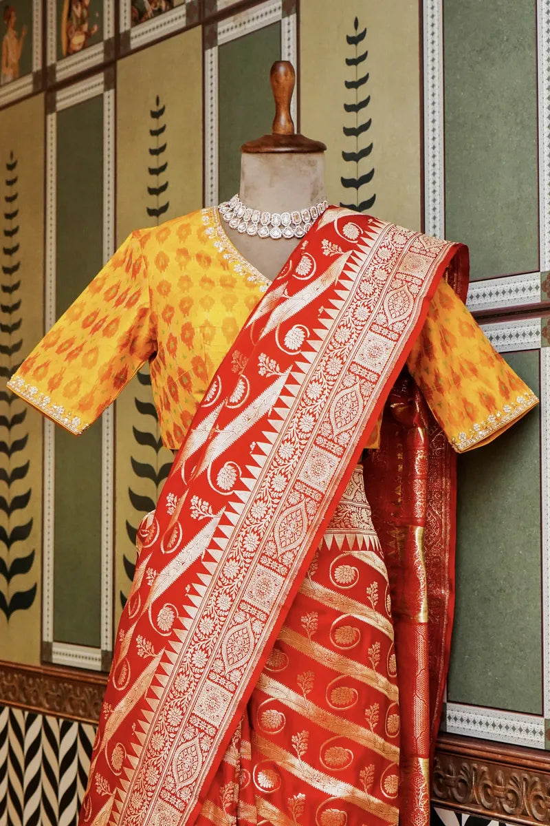 PURE BANARASI RED PARTLY COLOR DOUBLE KATAN SILK SAREE
