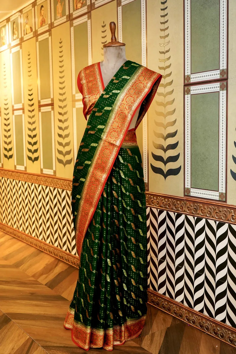BANARASI BOTTLE GREEN COLOR KHADDI GEORGETTE SAREE