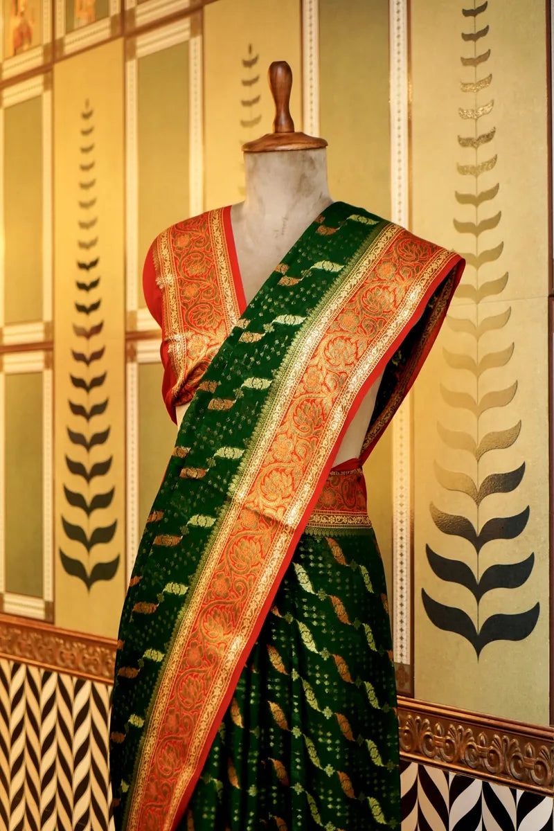 BANARASI BOTTLE GREEN COLOR KHADDI GEORGETTE SAREE