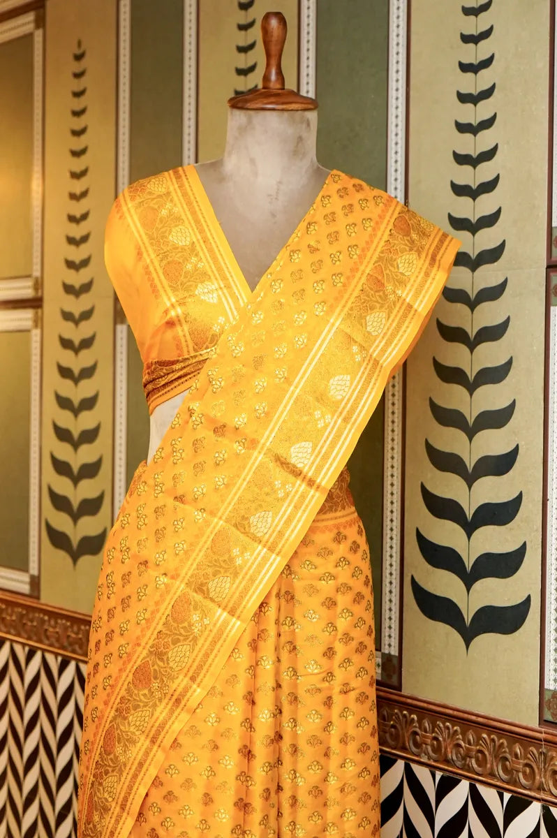 BANARASI YELLOW COLOR KHADDI GEORGETTE SAREE
