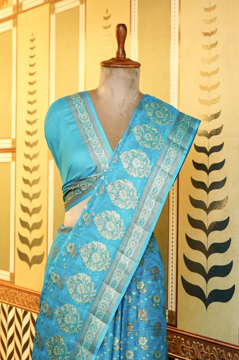 BANARASI FIROZI COLOR KHADDI GEORGETTE SAREE