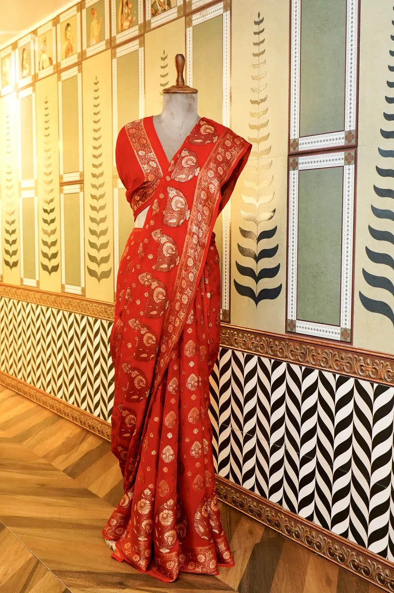 BANARASI RED COLOR KHADDI GEORGETTE SAREE