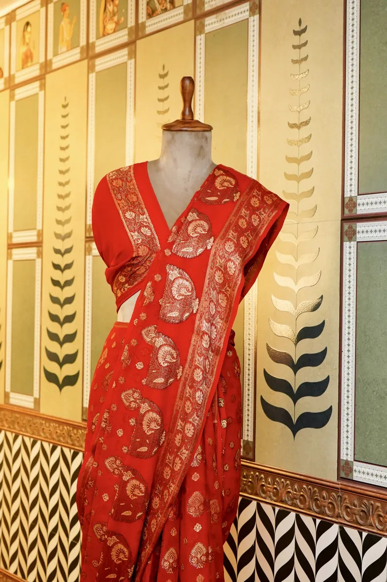 BANARASI RED COLOR KHADDI GEORGETTE SAREE