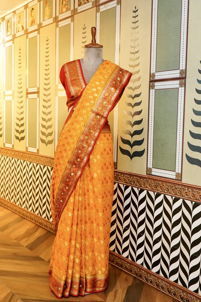 BANARASI YELLOW COLOR KHADDI GEORGETTE SAREE