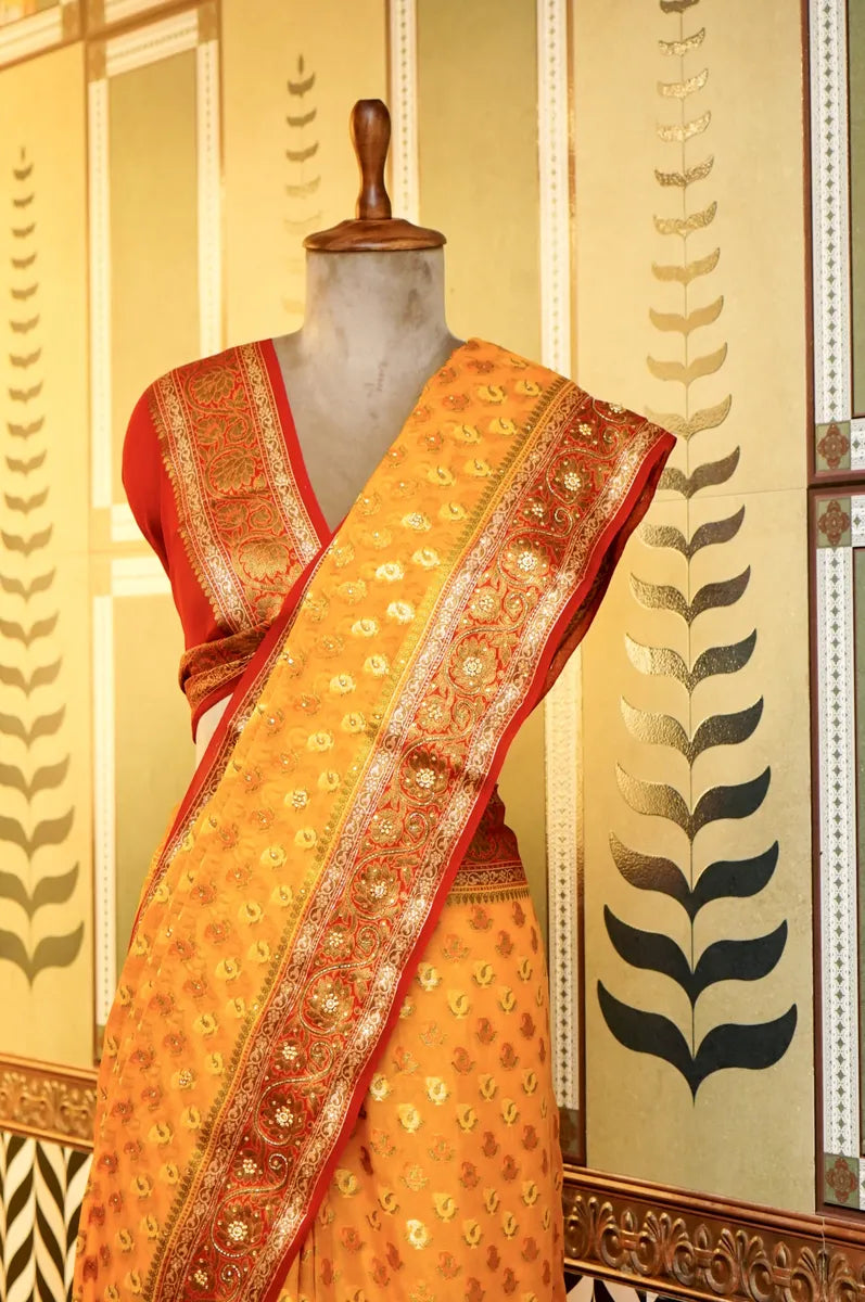 BANARASI YELLOW COLOR KHADDI GEORGETTE SAREE