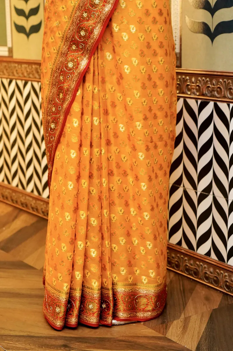 BANARASI YELLOW COLOR KHADDI GEORGETTE SAREE