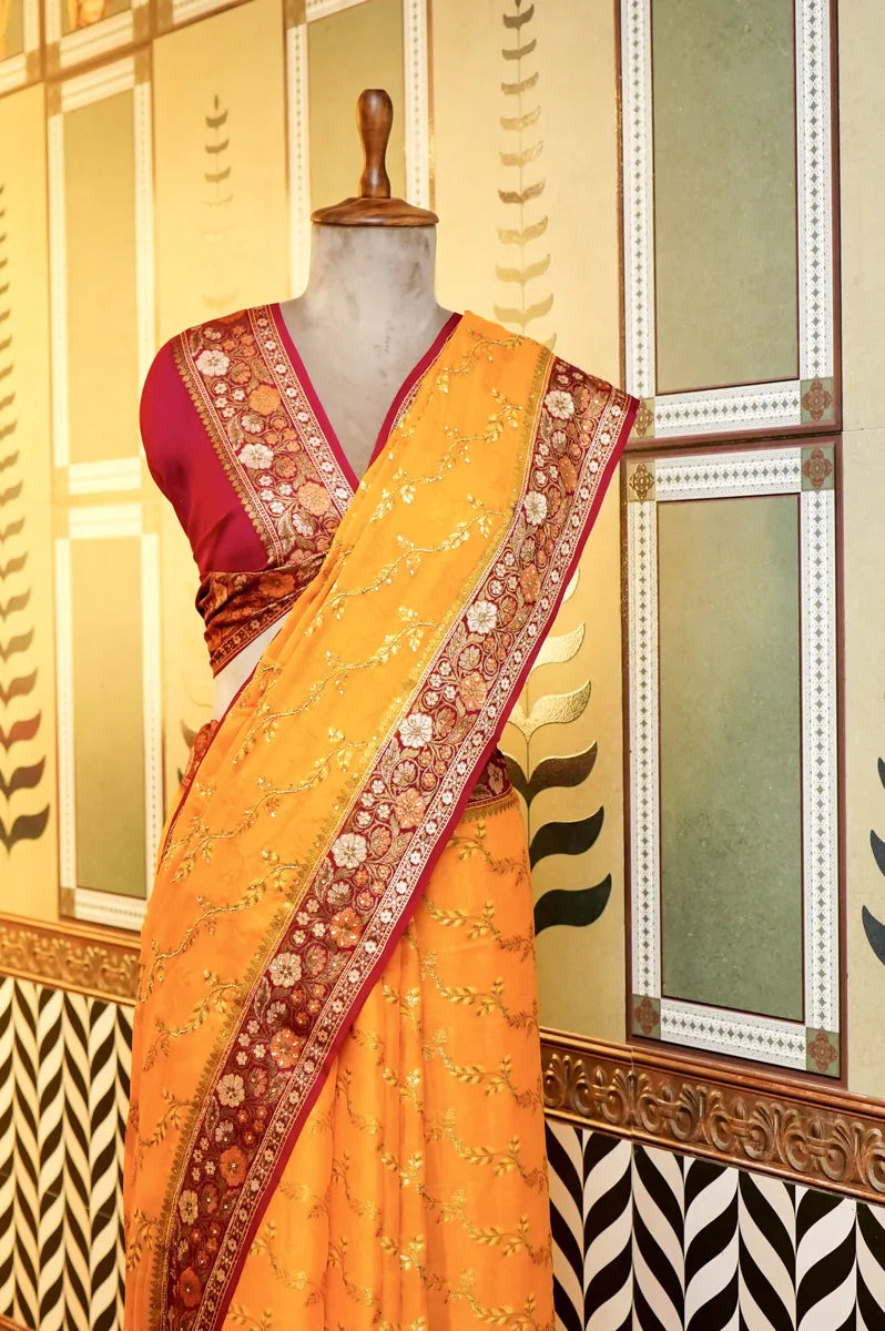 BANARASI YELLOW COLOR KHADDI GEORGETTE SAREE