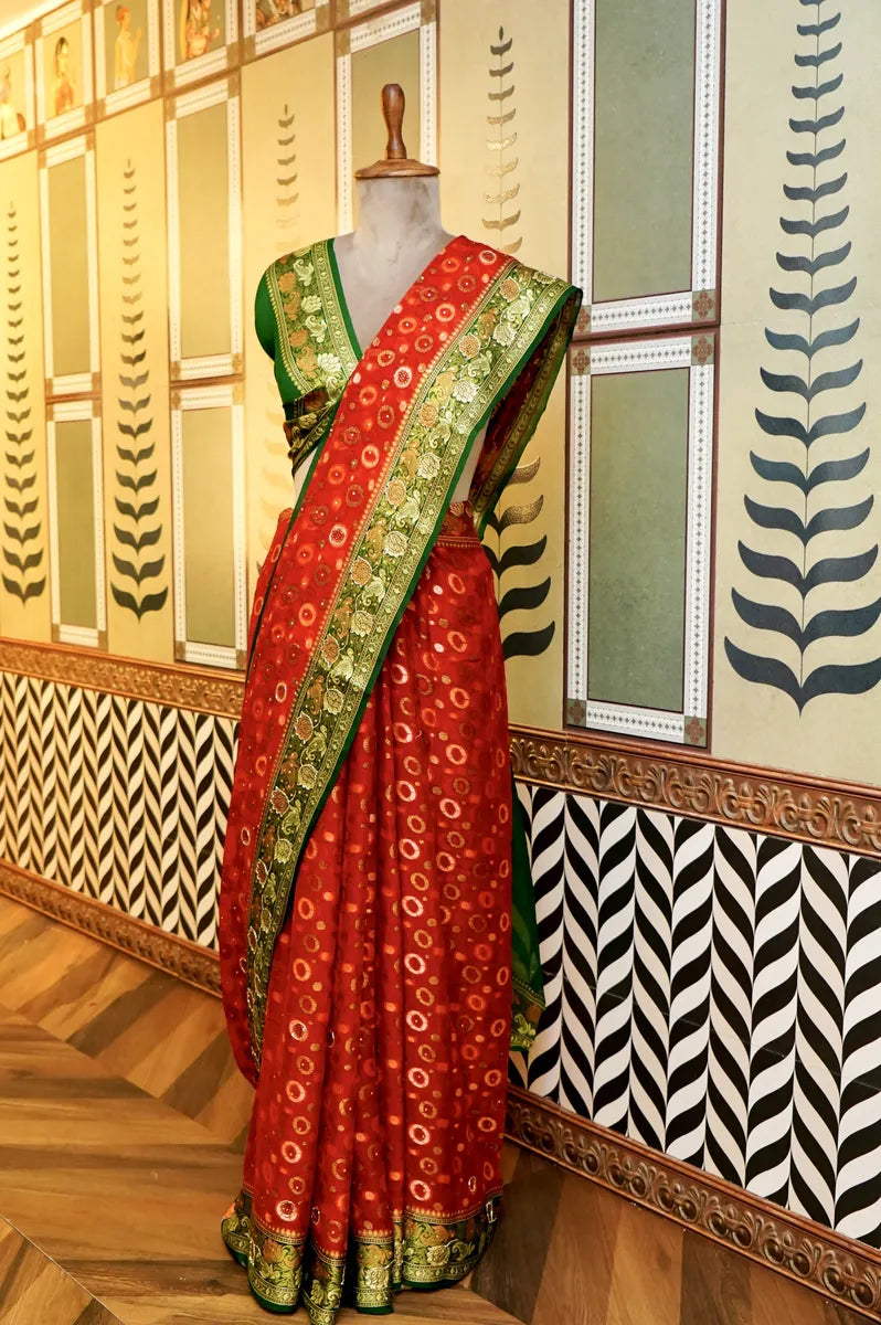 BANARASI RED COLOR KHADDI GEORGETTE SAREE