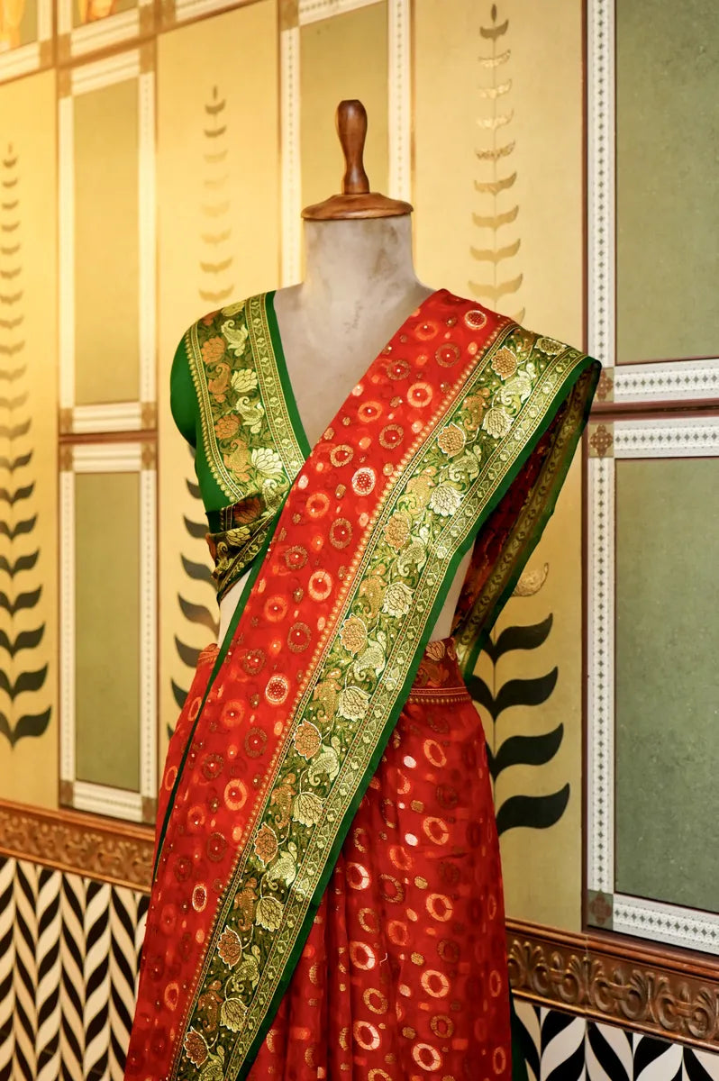 BANARASI RED COLOR KHADDI GEORGETTE SAREE