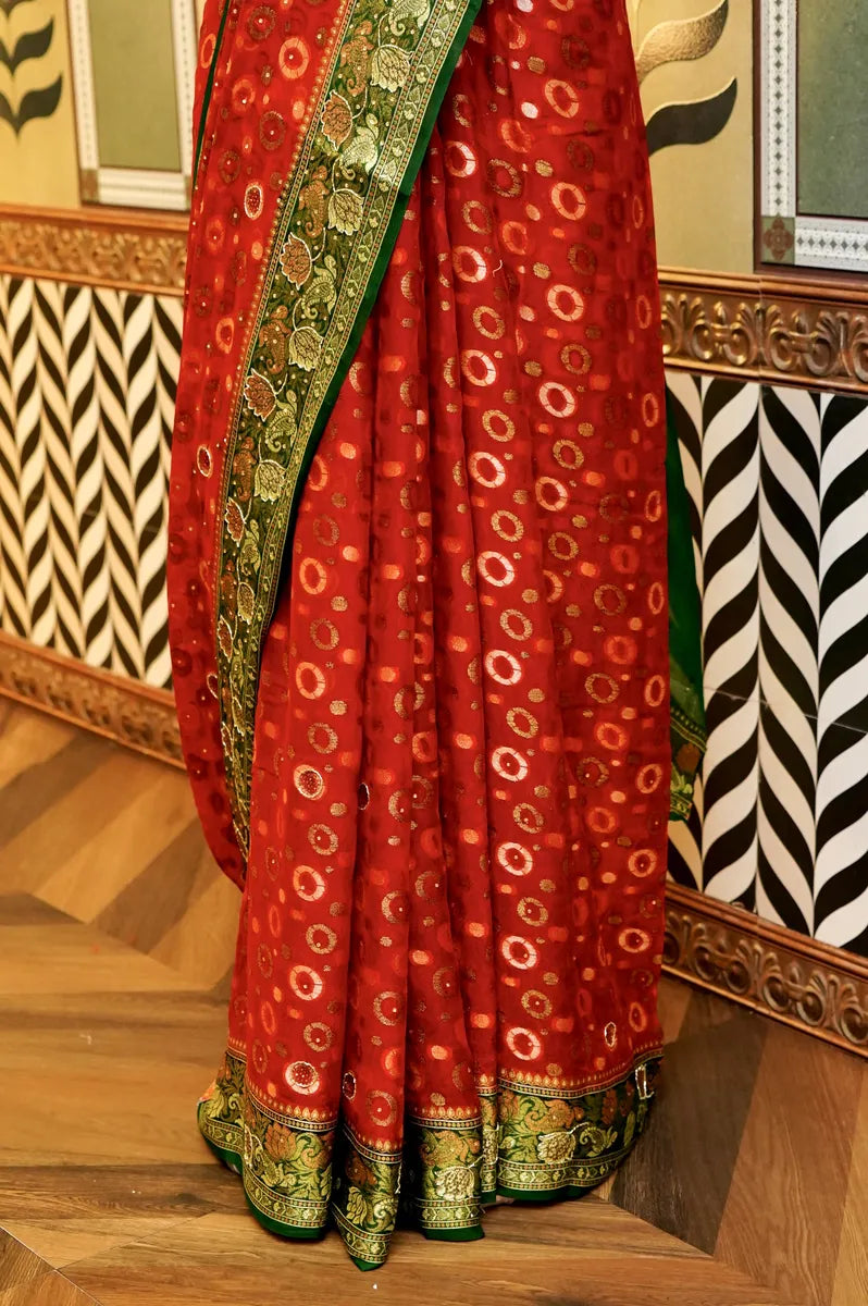 BANARASI RED COLOR KHADDI GEORGETTE SAREE