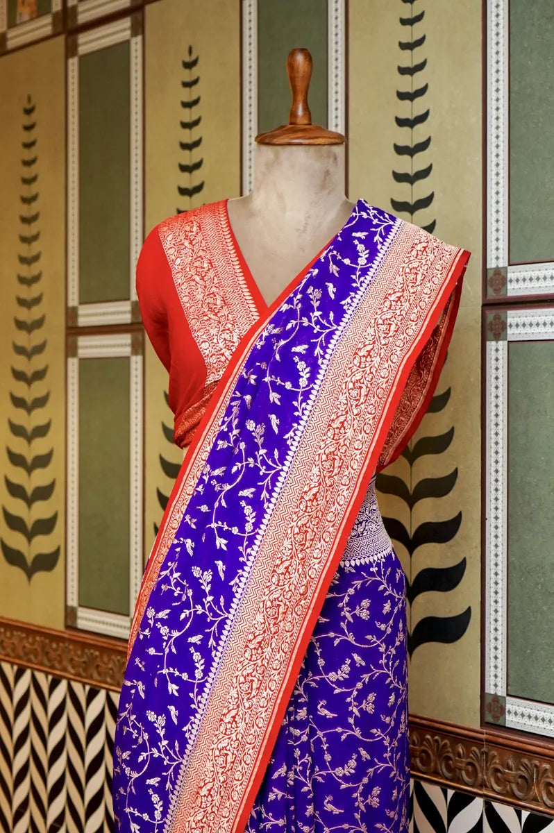 BANARASI ROYAL BLUE COLOR KHADDI GEORGETTE SAREE