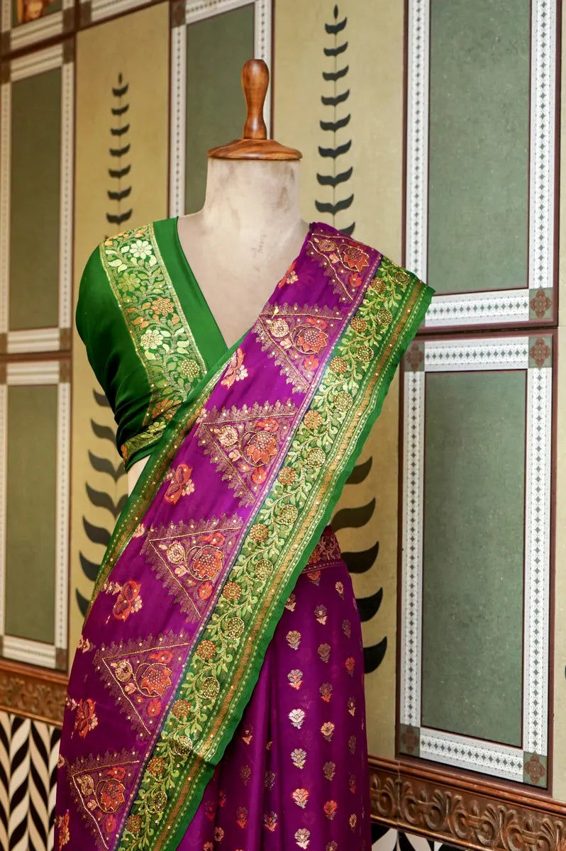 BANARASI MAGENTA COLOR KHADDI GEORGETTE SAREE