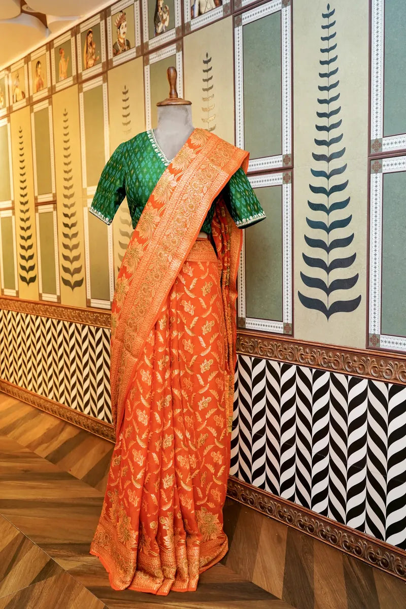 BANARASI ORANGE COLOR KHADDI GEORGETTE SAREE