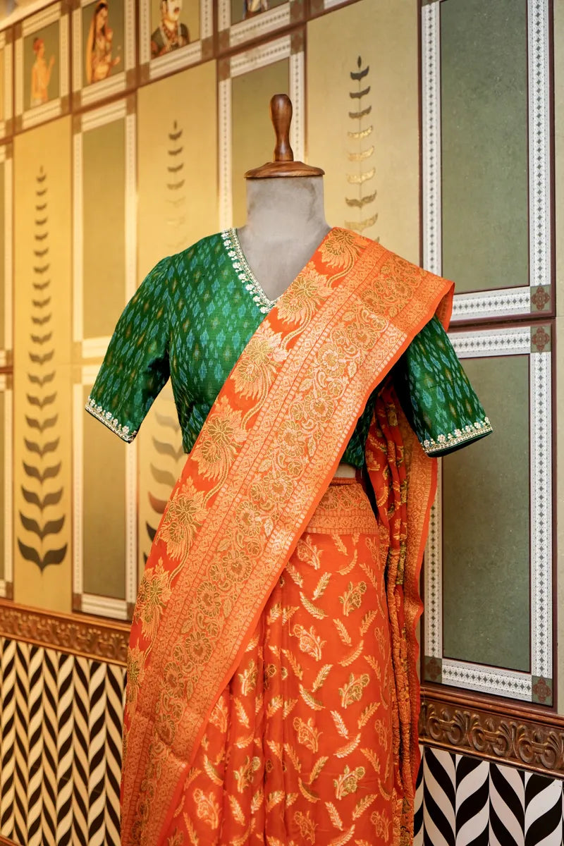 BANARASI ORANGE COLOR KHADDI GEORGETTE SAREE
