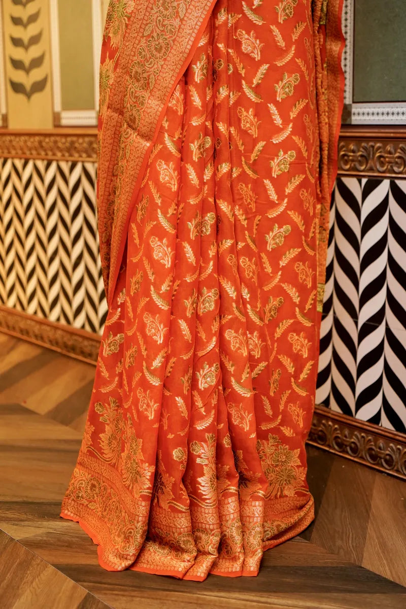 BANARASI ORANGE COLOR KHADDI GEORGETTE SAREE