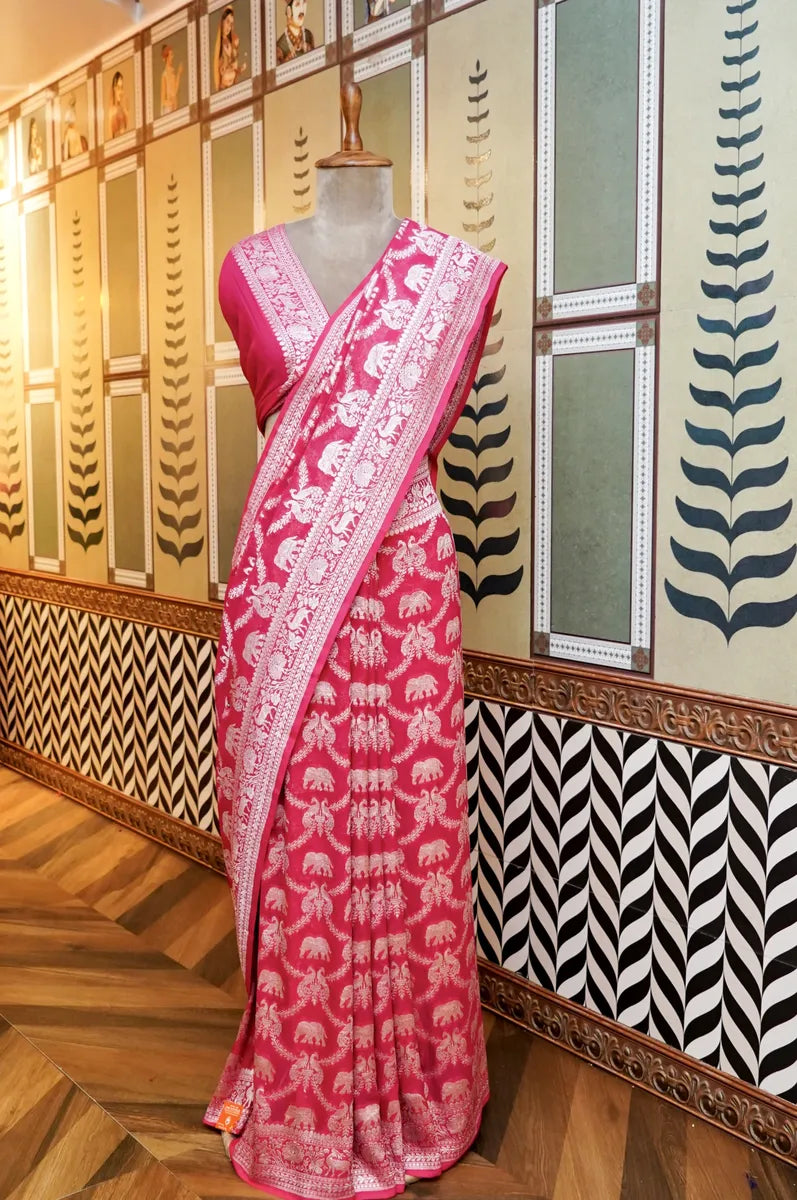 BANARASI PYAZI PINK COLOR KHADDI GEORGETTE SAREE